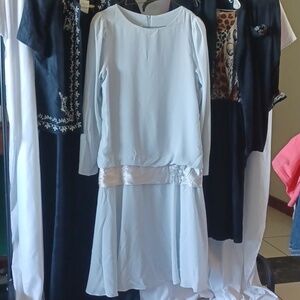 Vintage After Dark 80s drop waist midi dress, powder blue, beading,  sz 9/10